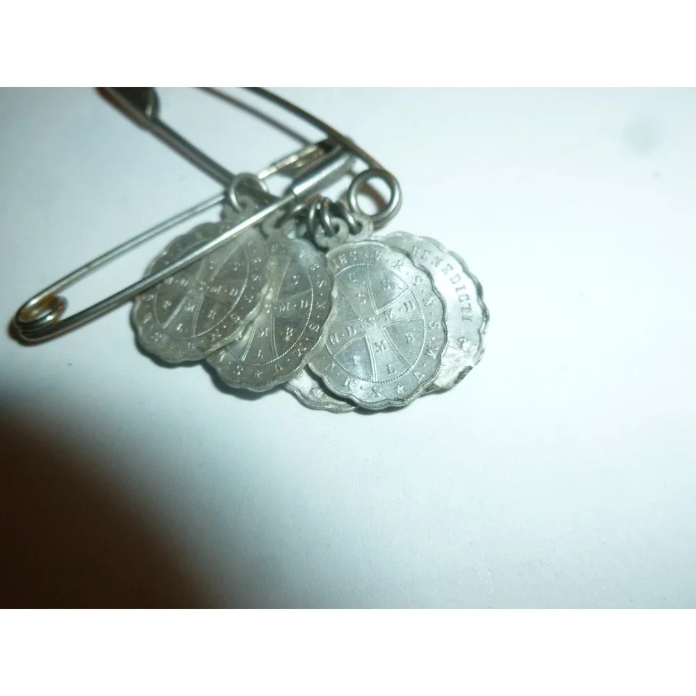 Vintage St Benedict Religious Medals‎ Silver Tone Safety Pin Charm Catholic 3pc